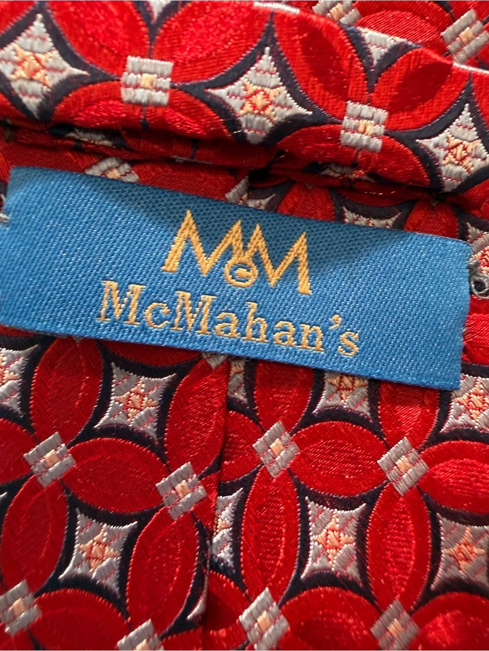 McMahan's Mens Handmade 100% Silk Tie Red Blue Geometric Circle Classic Width